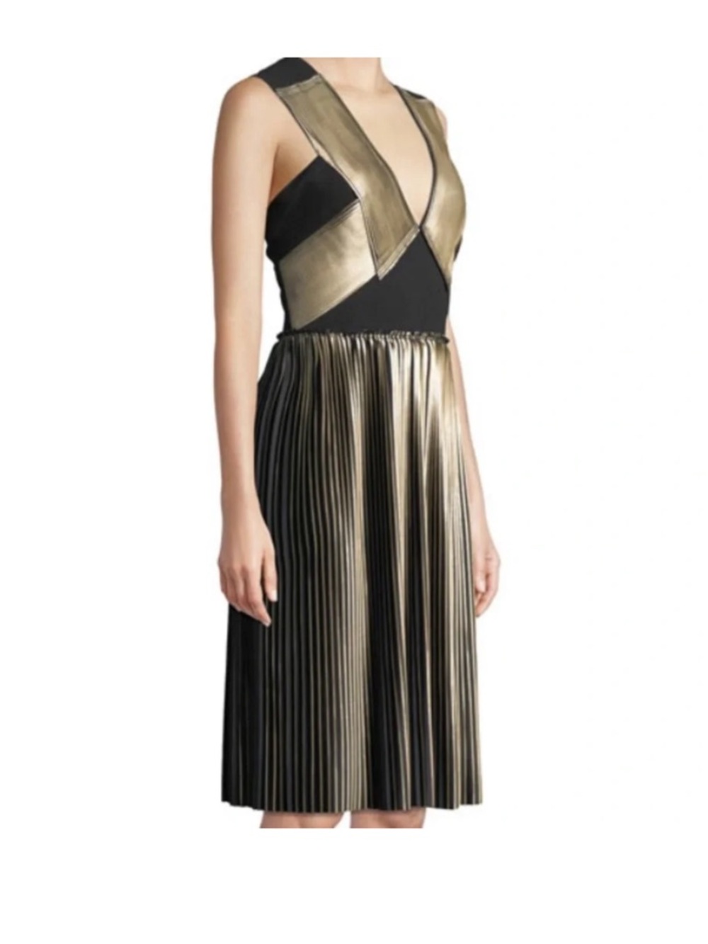 Yigal Azrouel Metallic Gold and Black Pleated V-Neck Midi Dress